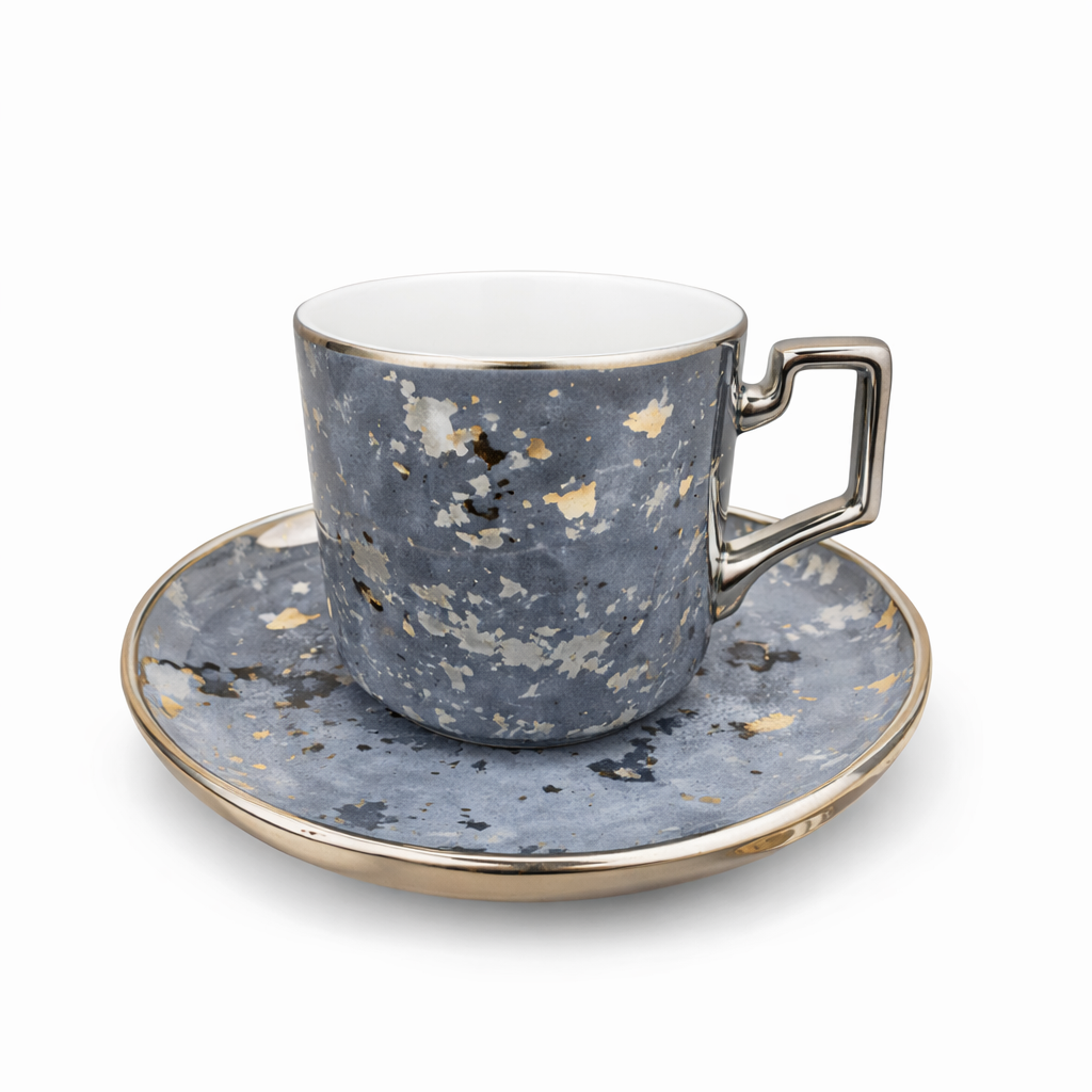 Luxury Slate Grey & Gold Coffee Cup and Saucer Set – Modern Abstract Design