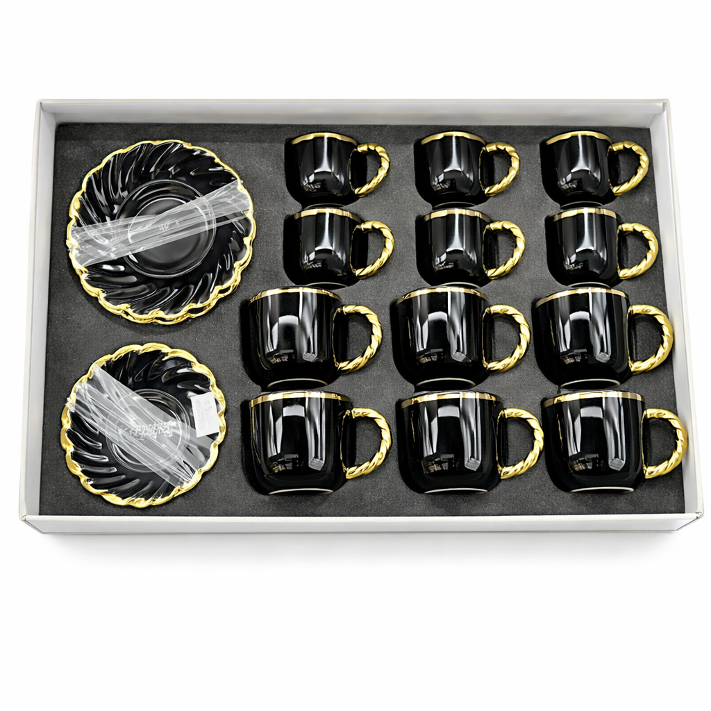 Luxury Black & Gold Coffee Cup & Saucer Set – 12 Piece Gift Box