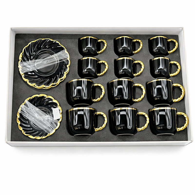 Luxury Black & Gold Coffee Cup & Saucer Set – 12 Piece Gift Box