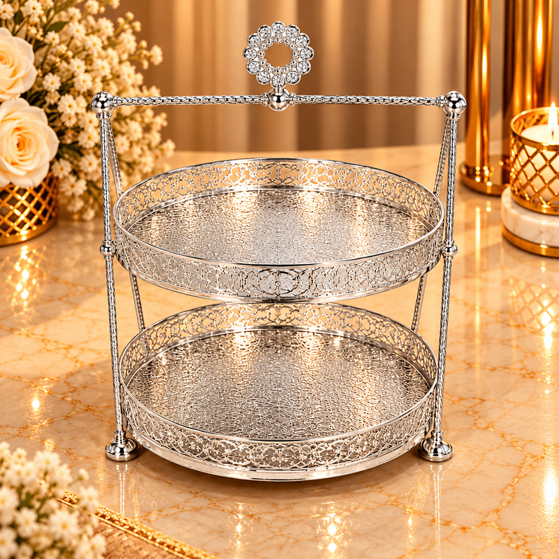Luxury 2-Tier Crystal Serving Stand – Silver Finish