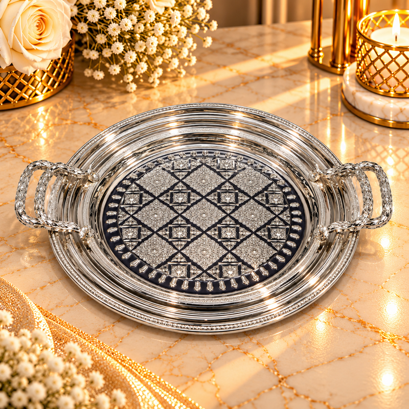 Ornate Round Serving Tray with Side Handles