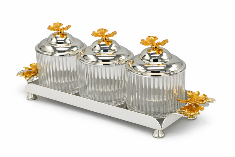 Luxury 3-Piece Glass Canister Set with Gold Stand – Ribbed Design