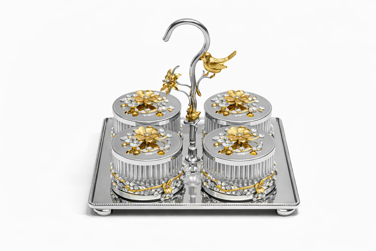 Luxury 4-Piece Crystal Treat Jar Set with Ornate Gold Stand