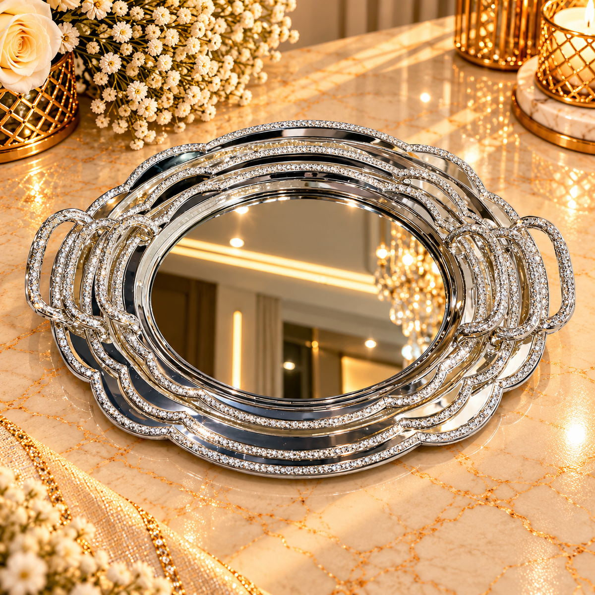 Elegant Silver Oval Serving Tray Set with Handles