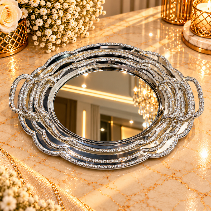 Elegant Silver Oval Serving Tray Set with Handles
