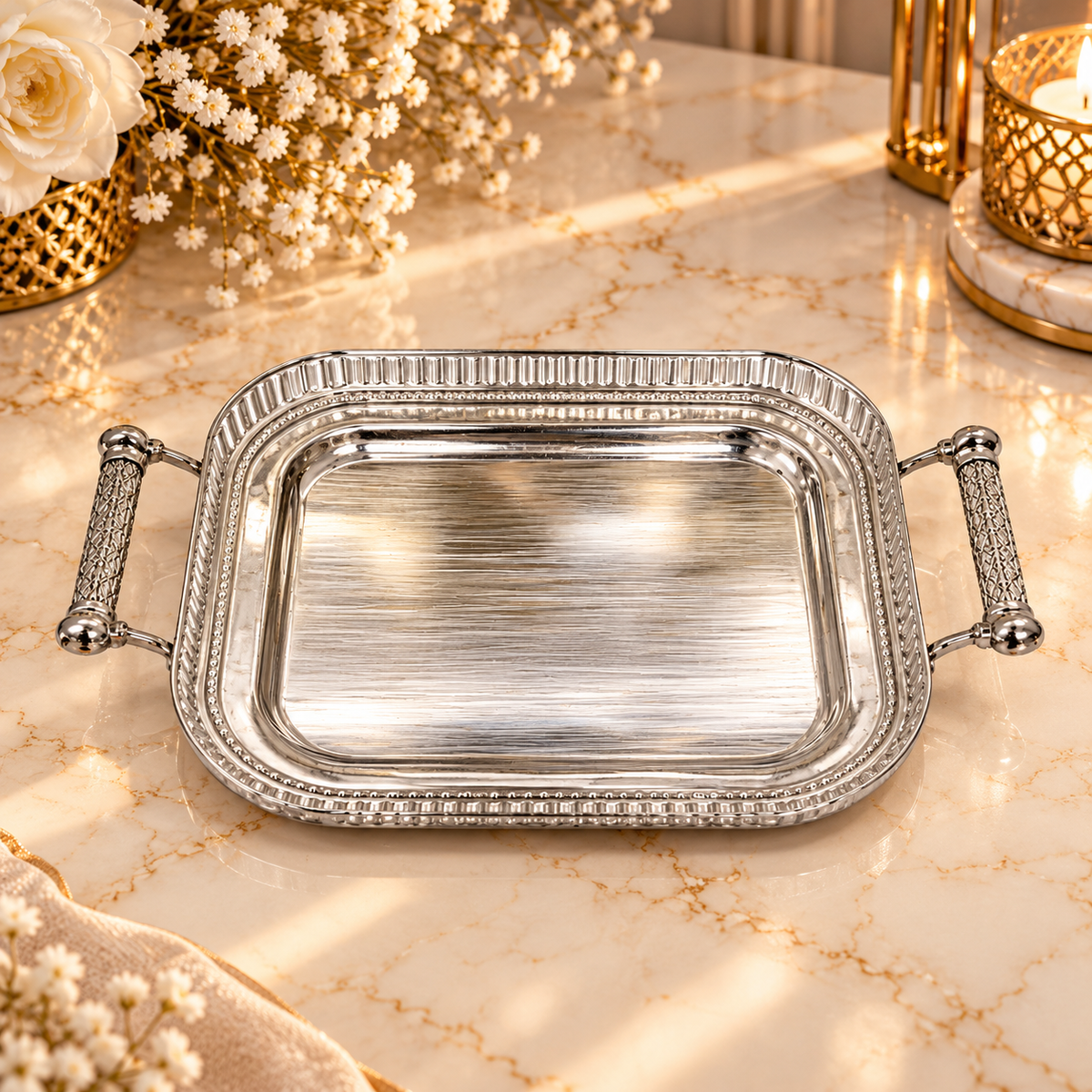 Elegant Silver Rectangular Serving Tray with Handles