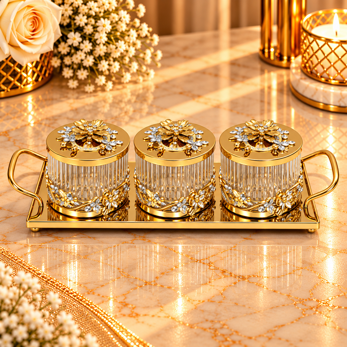Luxury 3-Piece Crystal Treat Jar Set with Gold Tray