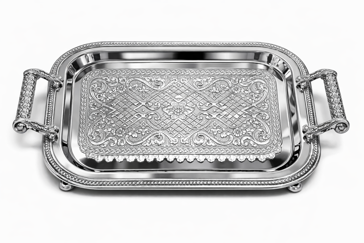 Luxury Rectangular Mirrored Serving Tray with Crystal Handles – Silver Finish