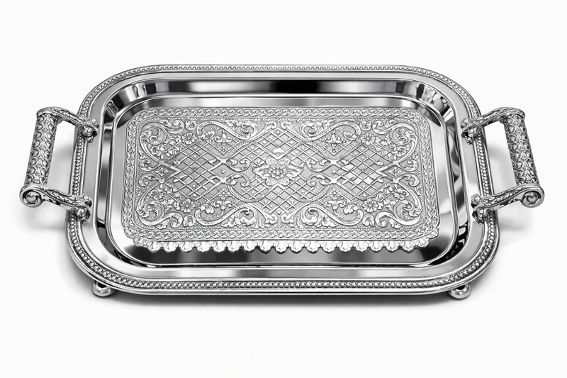 Luxury Rectangular Mirrored Serving Tray with Crystal Handles – Silver Finish
