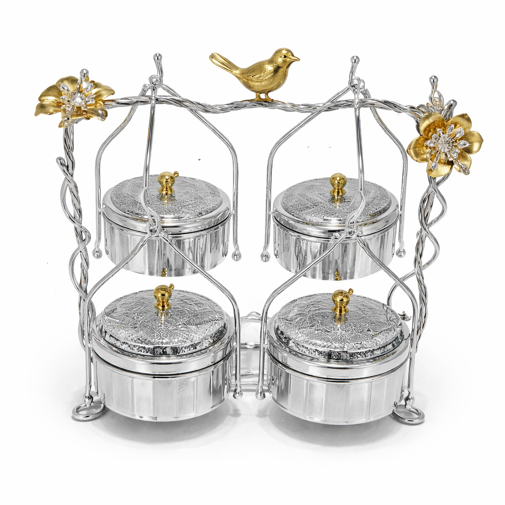 Luxury 4-Piece Crystal Treat Jar Set with Ornate Silver & Gold Stand