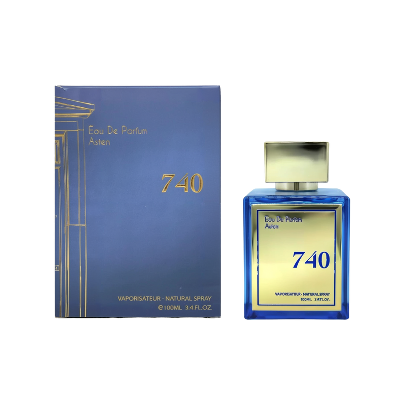 Image of the Eau De Parfum 'Asten 740' by Oudh Al Anfar. The product includes a blue box with gold accents and text that reads 'Eau De Parfum Asten 740' in elegant font. The 100ml perfume bottle has a matching blue design with a gold label and cap, giving it a luxurious appearance.