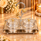 Elegant Crystal Double Candy Jar Set with Gold Bird Stand & Silver Tray