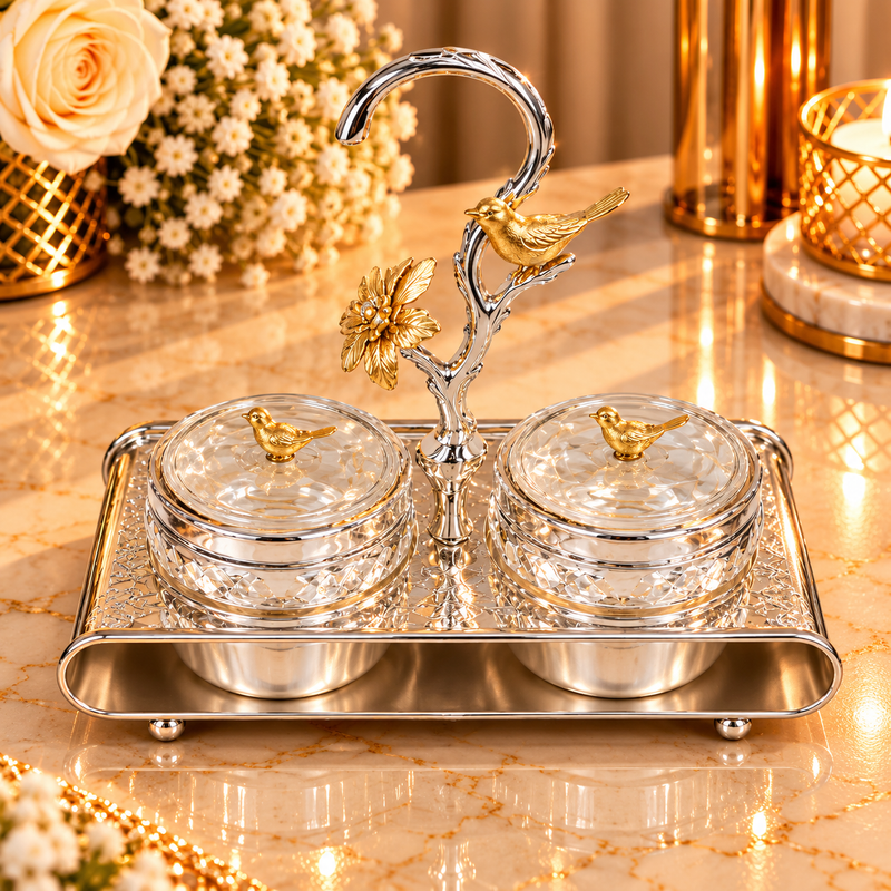 Elegant Crystal Double Candy Jar Set with Gold Bird Stand & Silver Tray