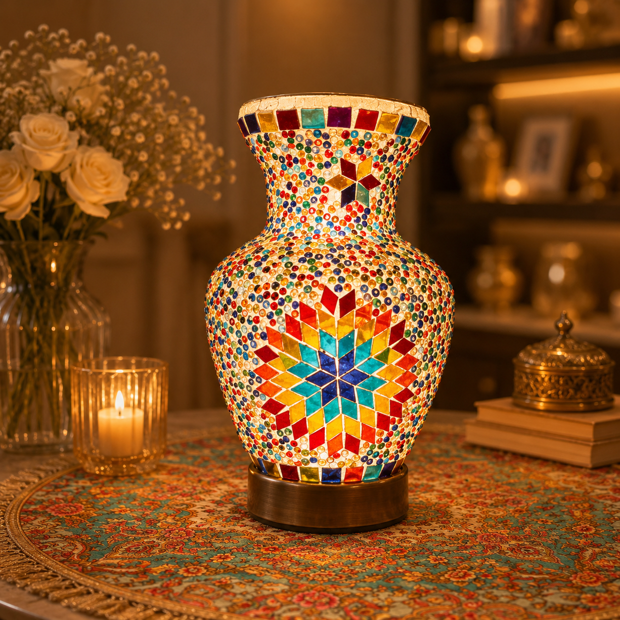 Mosaic Glass Vase w/LED Lit Base - VS05 - 14 x 19cm h