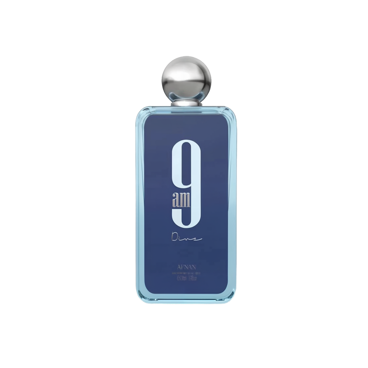 The image shows a rectangular glass perfume bottle with rounded edges. The bottle has a transparent blue tint with a large white number "9" and the text "am" below it in a lighter shade of blue. Beneath this, the word "Dine" is written in a cursive, handwritten style. The cap of the bottle is a polished silver sphere. The brand "AFNAN" is written in small letters at the bottom of the bottle.