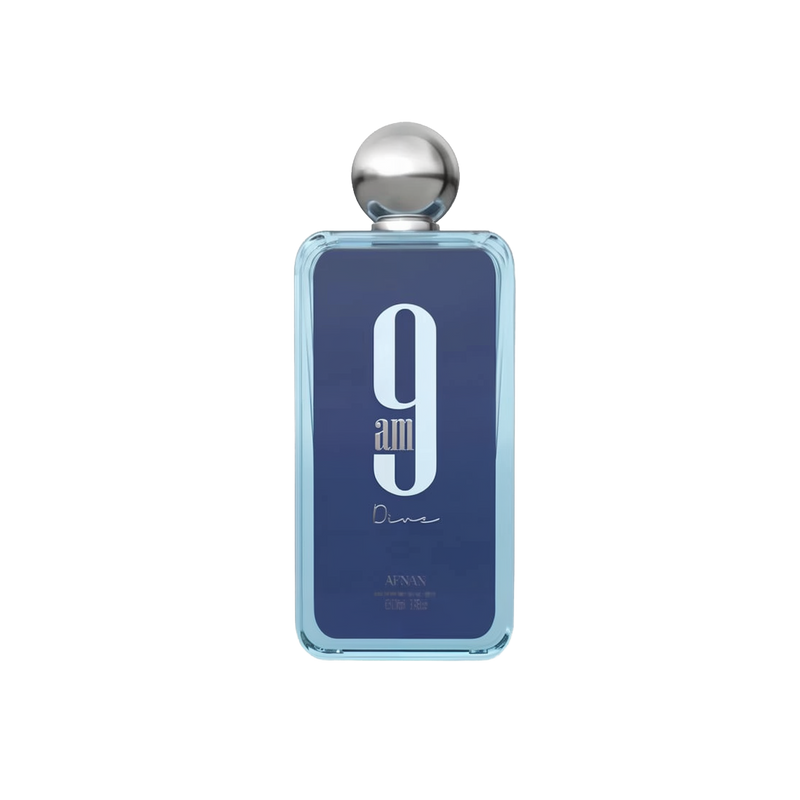 The image shows a rectangular glass perfume bottle with rounded edges. The bottle has a transparent blue tint with a large white number "9" and the text "am" below it in a lighter shade of blue. Beneath this, the word "Dine" is written in a cursive, handwritten style. The cap of the bottle is a polished silver sphere. The brand "AFNAN" is written in small letters at the bottom of the bottle.