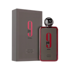 A rectangular fragrance bottle from Afnan labeled “9 pm Rebel,” featuring a metallic spherical cap and a glossy red border around a dark gray front, positioned beside a matching gray box emblazoned with pink and black branding.