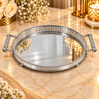 Luxury Round Mirrored Serving Tray with Handles – Silver Finish