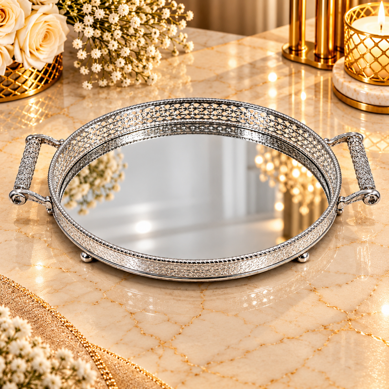 Luxury Round Mirrored Serving Tray with Handles – Silver Finish
