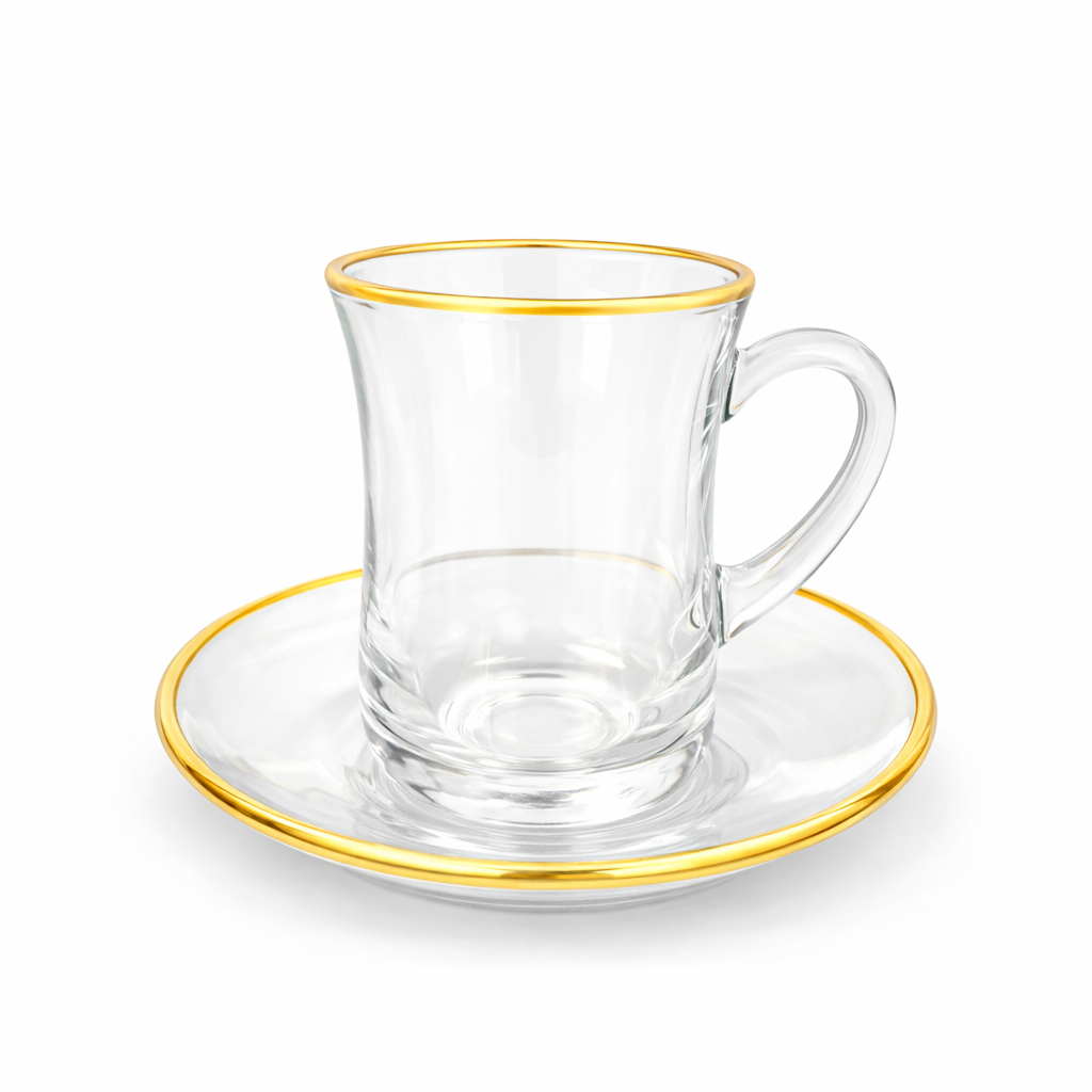 Luxury Clear Glass Tea Cup and Saucer Set – Gold Trim