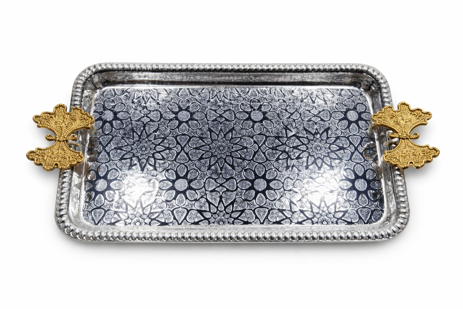 Luxury Silver Rectangular Tray with Gold Leaf Handles