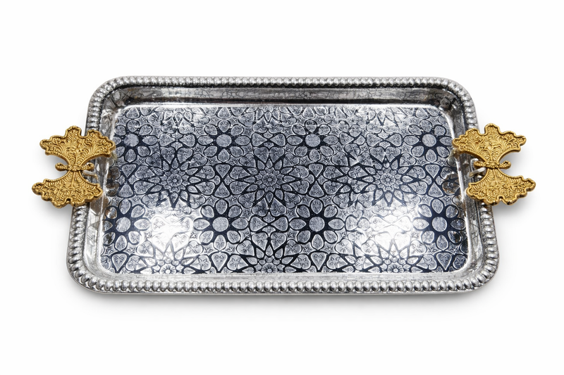 Luxury Silver Rectangular Tray with Gold Leaf Handles