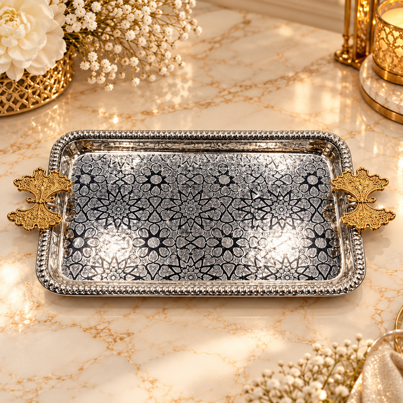 Luxury Silver Rectangular Tray with Gold Leaf Handles
