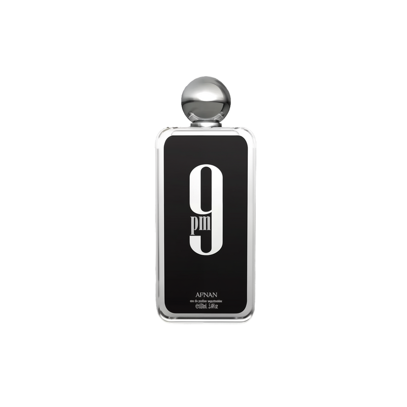 Black bottle of Afnan 9PM Eau De Parfum with bold white text and silver round cap.