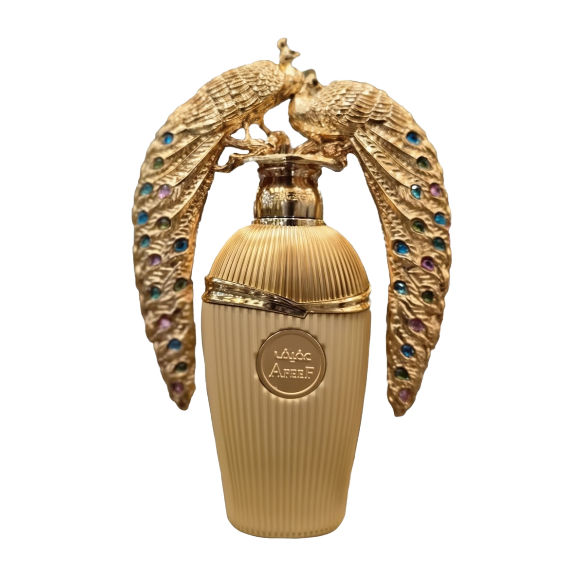 Image of the Afeef perfume by Lattafa Perfumes. The perfume bottle has a luxurious gold design with intricate ribbed detailing and an emblem on the front. The cap features two ornate gold peacocks with jeweled feathers in vibrant colors, adding a decorative and elegant touch to the presentation.
