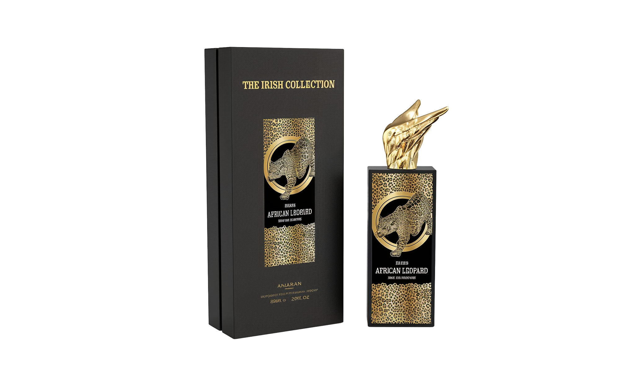 Amaran African Leopard perfume bottle with gold leopard design and sculpted cap next to a black and gold box.