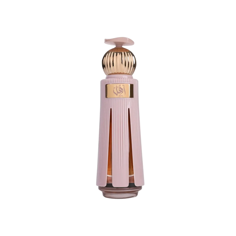 AHL perfume bottle featuring a soft blush pink ribbed outer casing with vertical panels, topped with a gold cap and pale pink lid.
