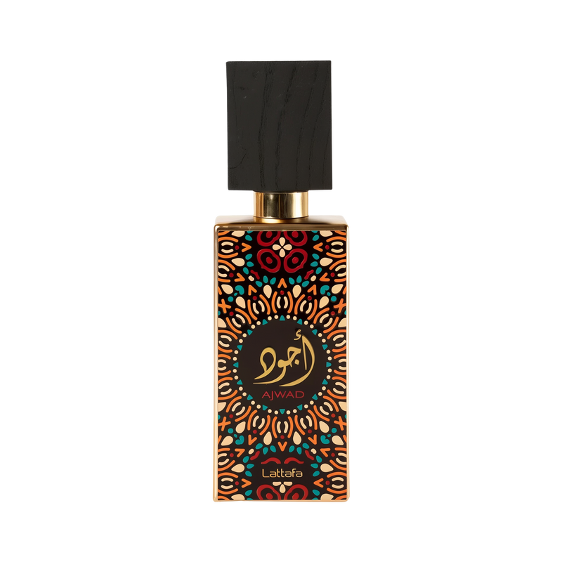 Lattafa Ajwad perfume bottle featuring a vibrant, colorful geometric pattern, gold accents, and a black wood cap.