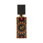 Lattafa Ajwad perfume bottle featuring a vibrant, colorful geometric pattern, gold accents, and a black wood cap.
