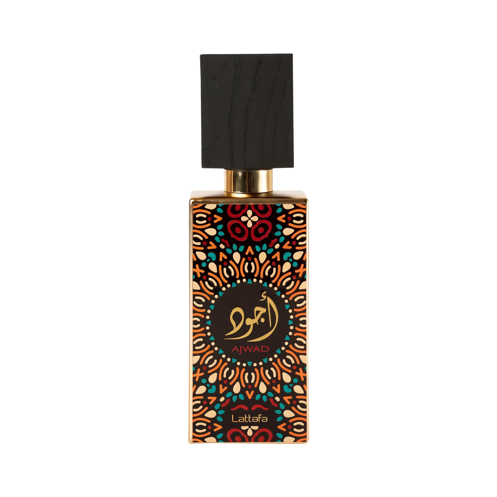 Lattafa Ajwad perfume bottle featuring a vibrant, colorful geometric pattern, gold accents, and a black wood cap.