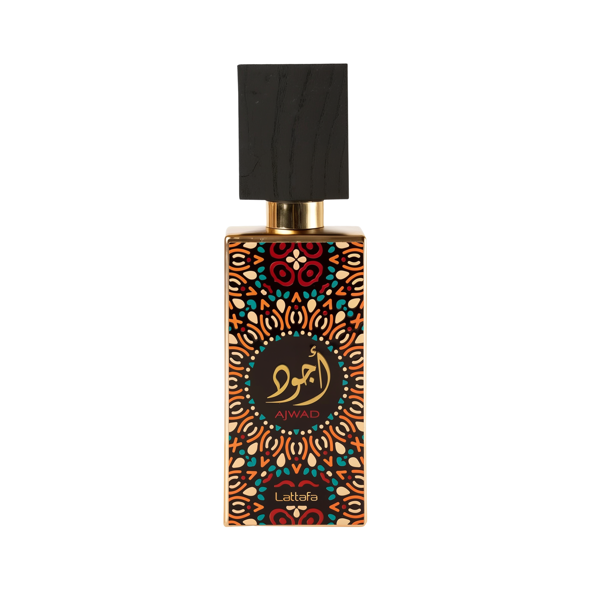 Lattafa Ajwad perfume bottle featuring a vibrant, colorful geometric pattern, gold accents, and a black wood cap.