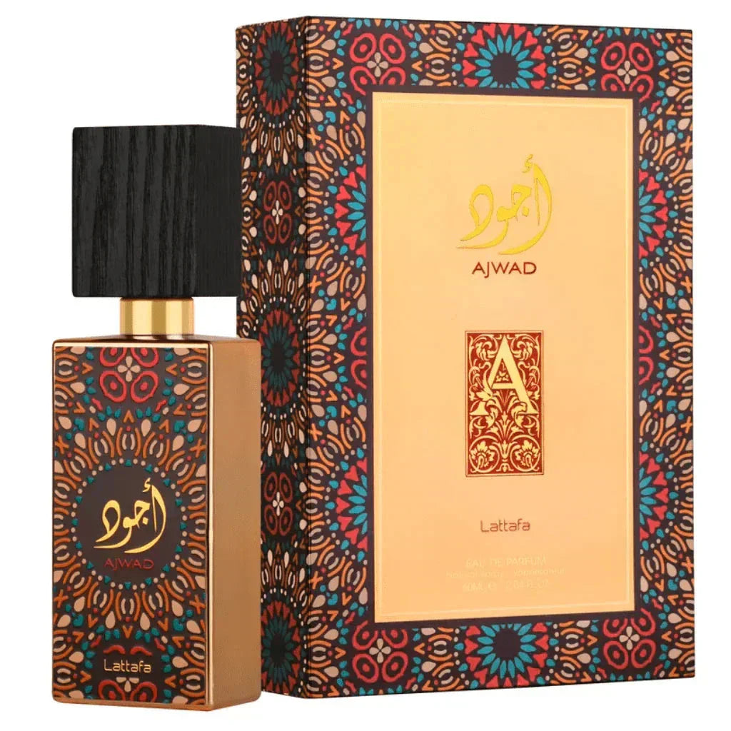 Lattafa Ajwad perfume set featuring the gold bottle with a dark wood cap and the intricate, colorful patterned packaging box.