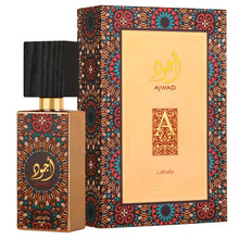 Lattafa Ajwad perfume set featuring the gold bottle with a dark wood cap and the intricate, colorful patterned packaging box.