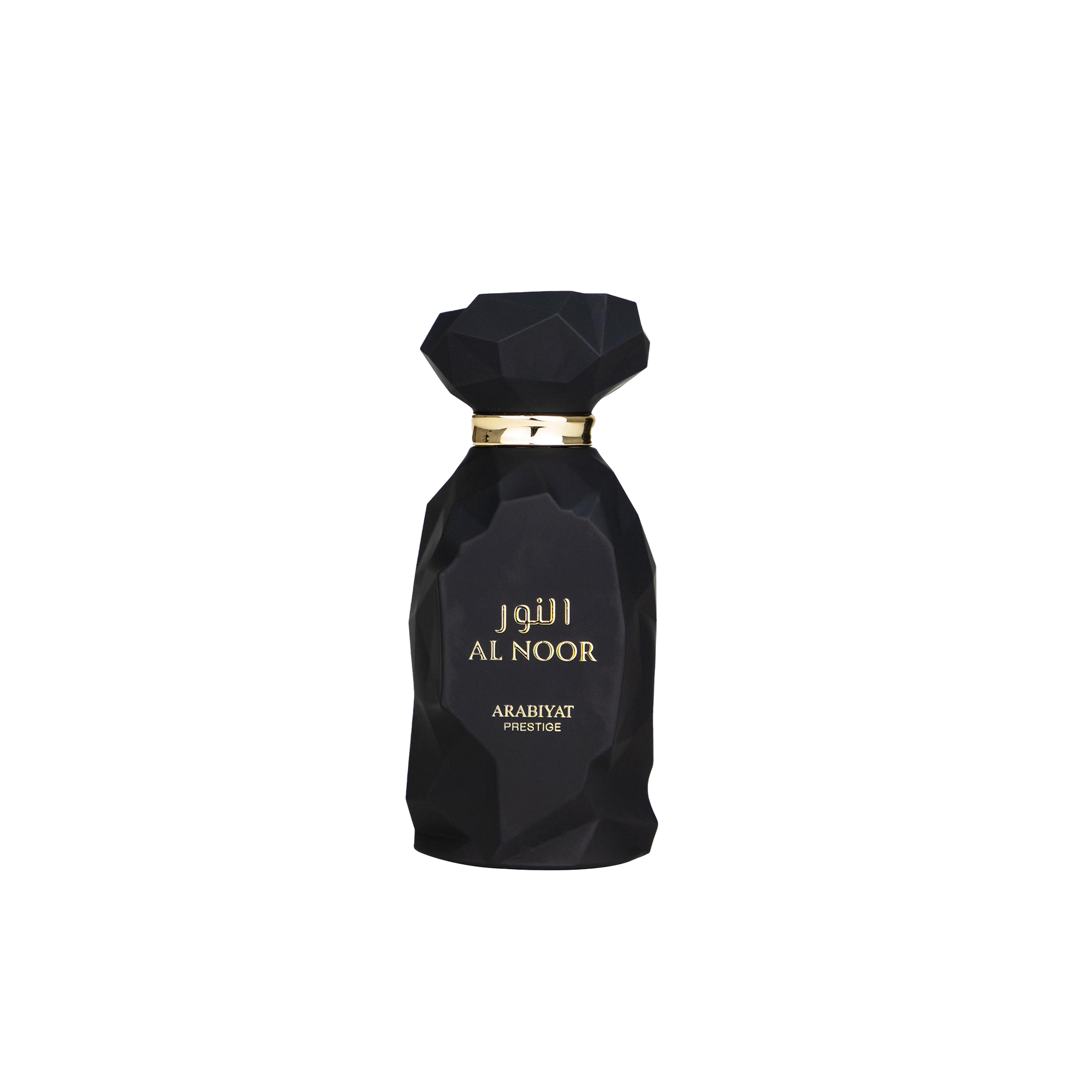 Arabiyat Prestige Al Noor perfume bottle in matte black with gold accents and faceted design.
