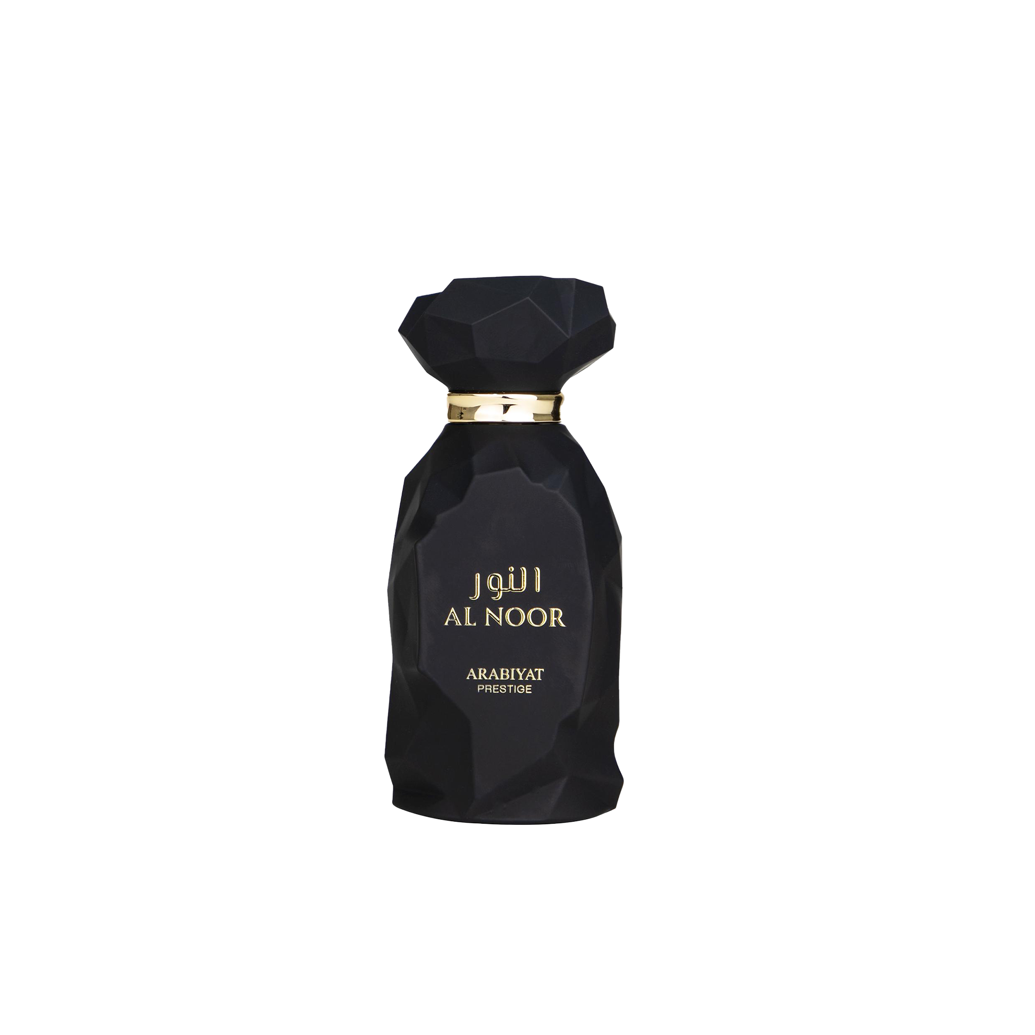 Arabiyat Prestige Al Noor perfume bottle in matte black with gold accents and faceted design.
