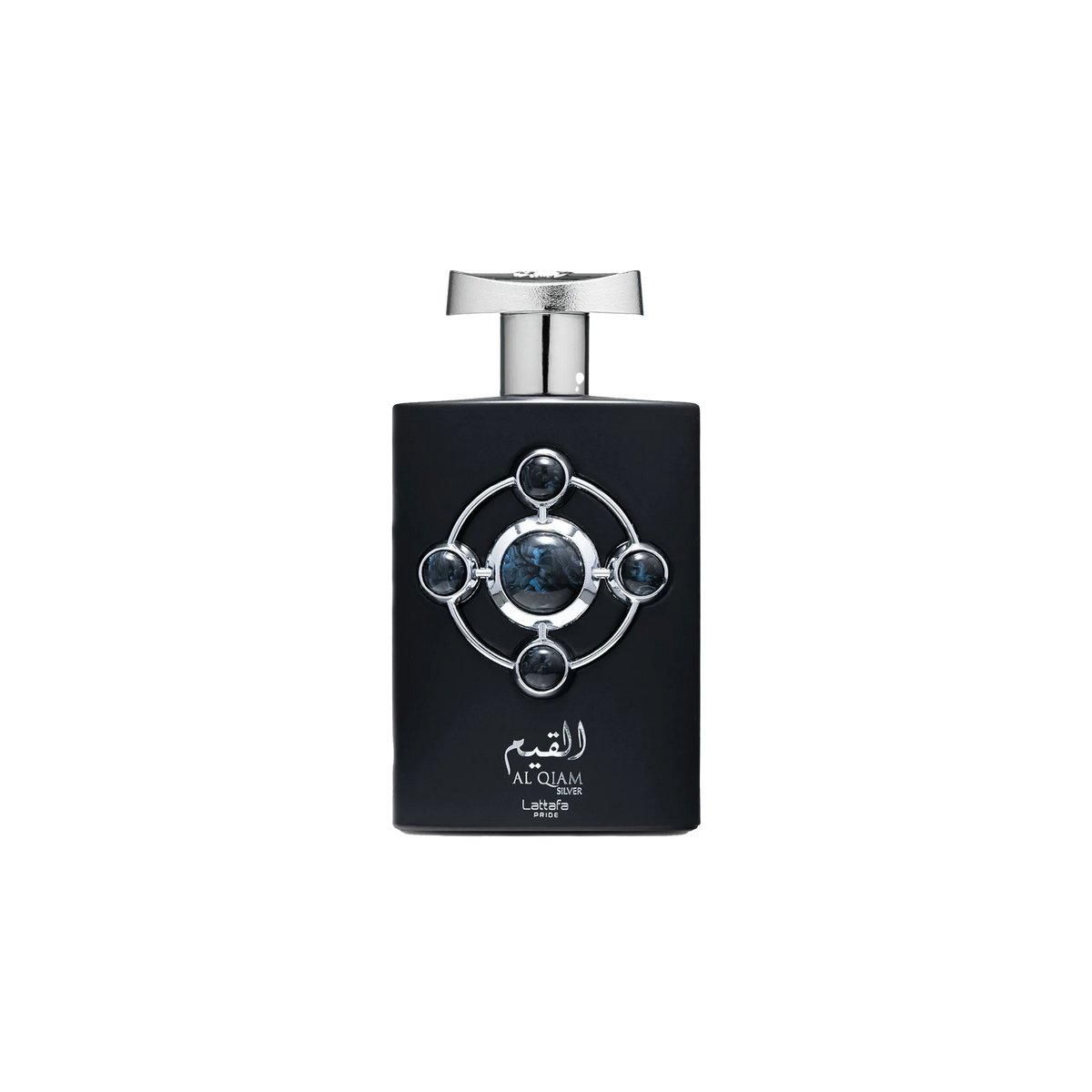 Lattafa Al Qiam Silver perfume bottle in black with silver cap and circular gemstone design.
