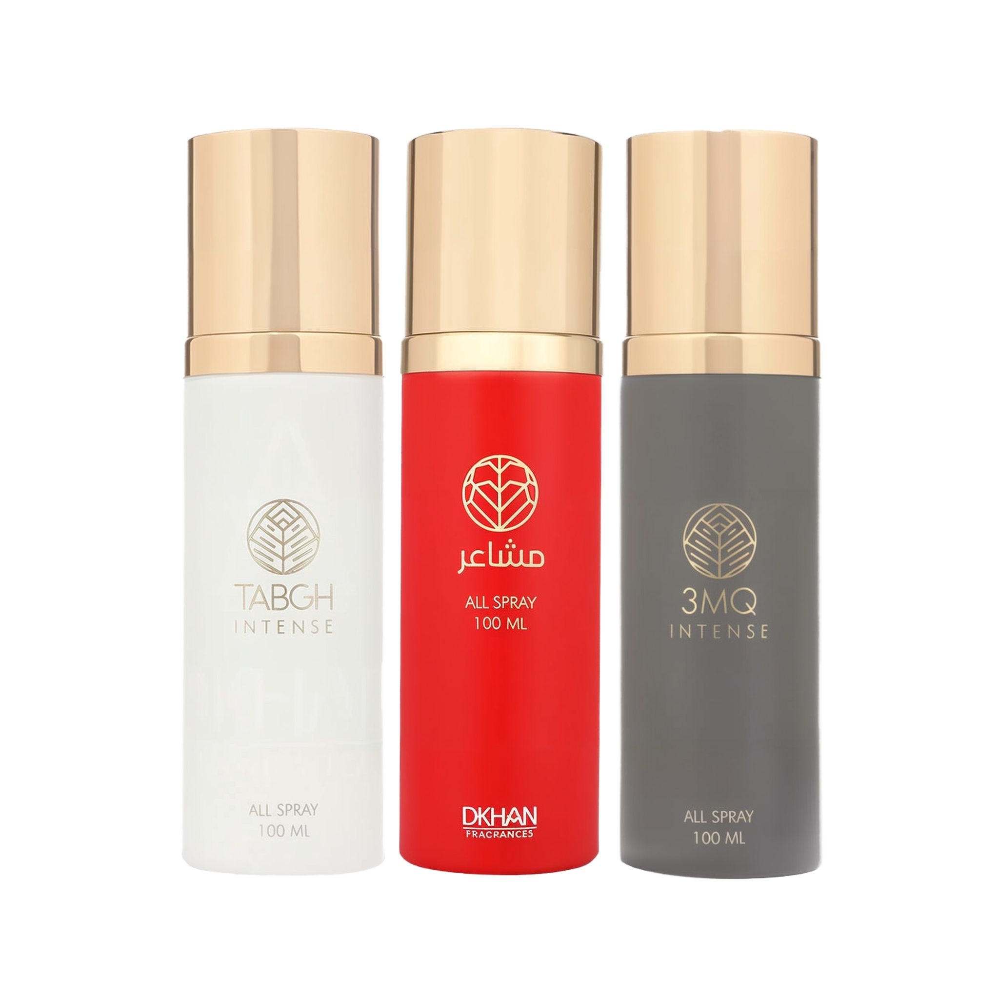 This image displays a trio of All Over Spray bottles from DKHAN Fragrances, each containing 100ml of the product. 