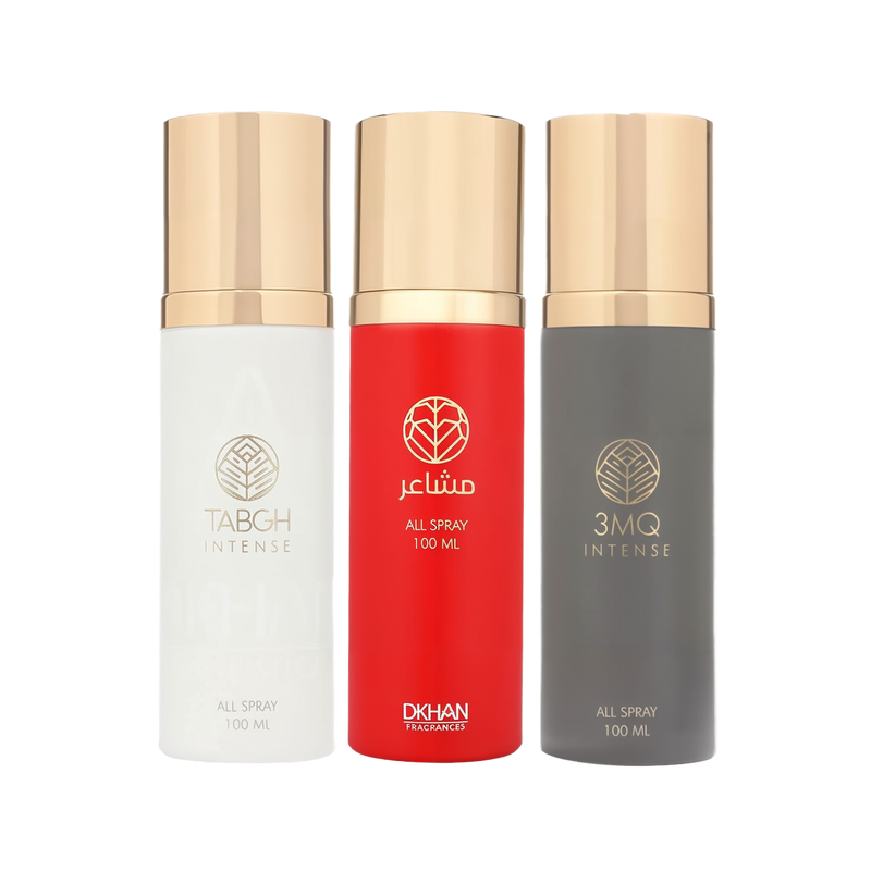 This image displays a trio of All Over Spray bottles from DKHAN Fragrances, each containing 100ml of the product. 