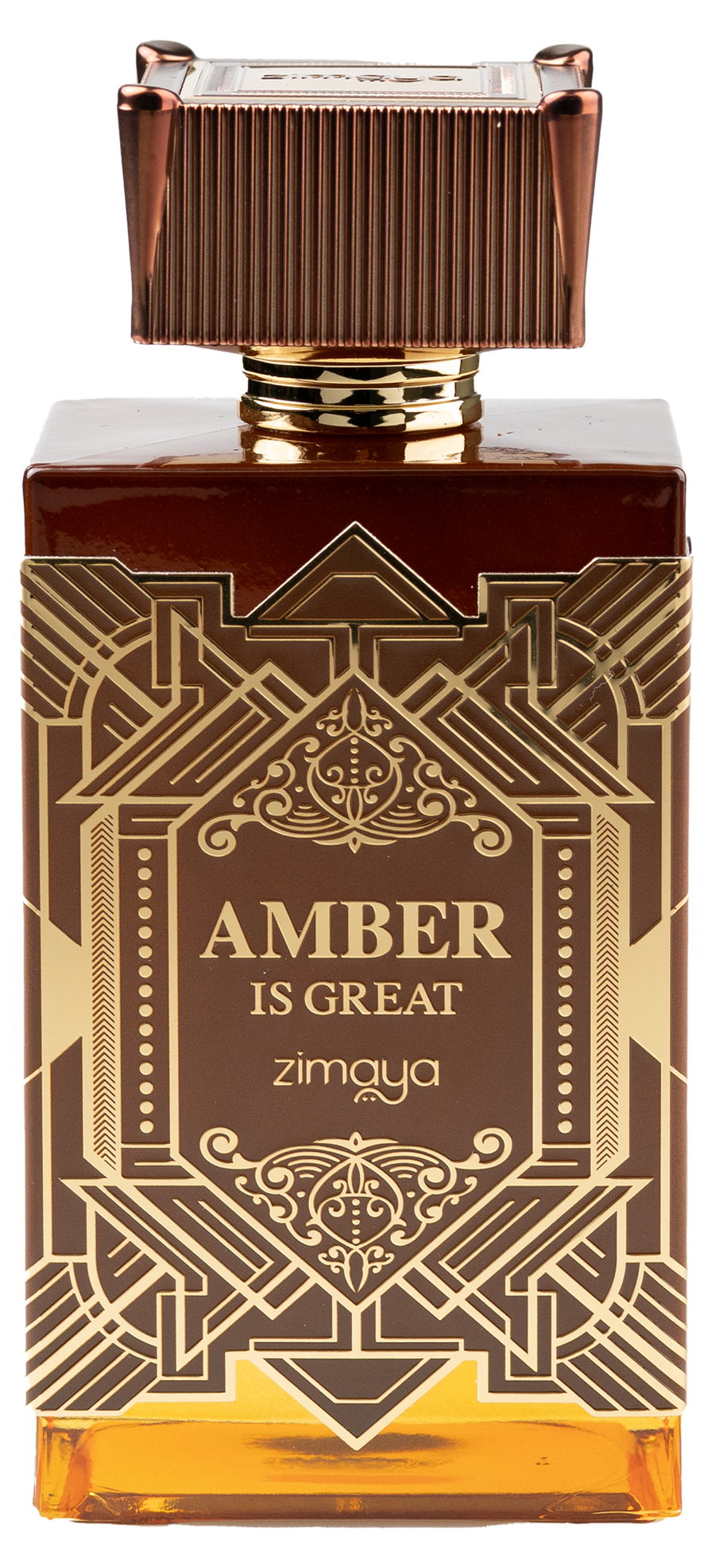 Brown Zimaya Amber Is Great perfume bottle with gold geometric design.