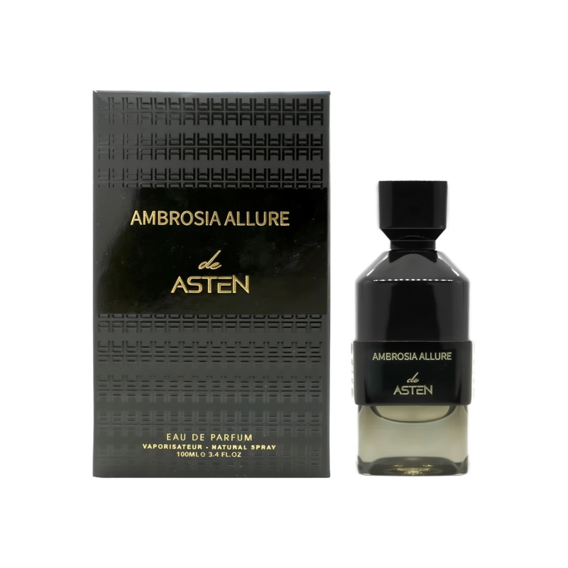 A sleek black perfume box embossed with a subtle pattern and adorned with gold lettering, shown next to a matching black glass bottle featuring the label “Ambrosia Allure De Asten” in gold. The bottle has a geometric, faceted cap and contains a warm, amber-toned fragrance inside.