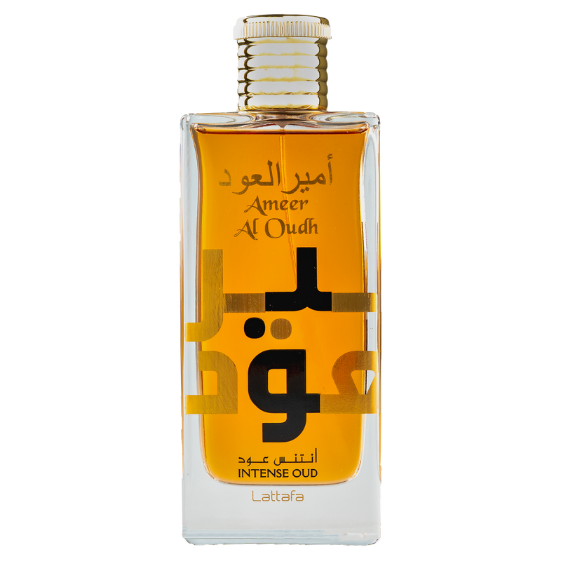 Lattafa Ameer Al Oudh Intense Oud perfume bottle featuring an amber liquid, gold cap, and large Arabic lettering.