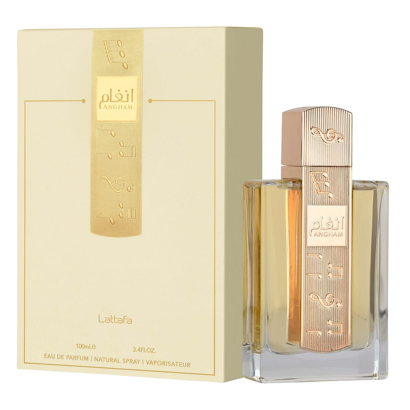 Lattafa Angham, comes in a clear rectangular glass bottle with a gold cap engraved with musical notes and Arabic calligraphy.