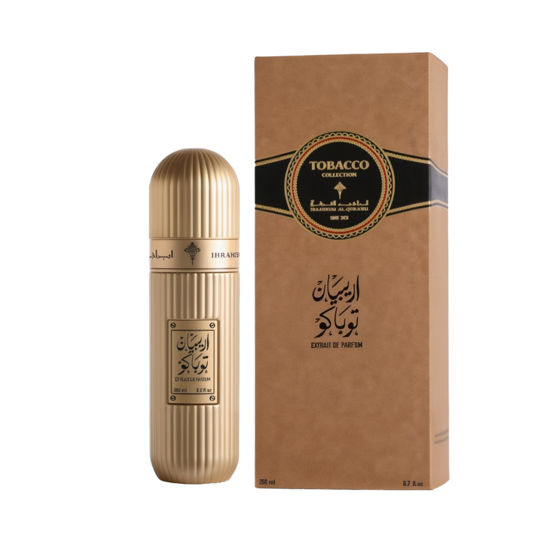 A luxurious bottle of Arabian Tobacco Extrait De Parfum by Ibraheem Al-Qurashi, displayed beside its matching box.