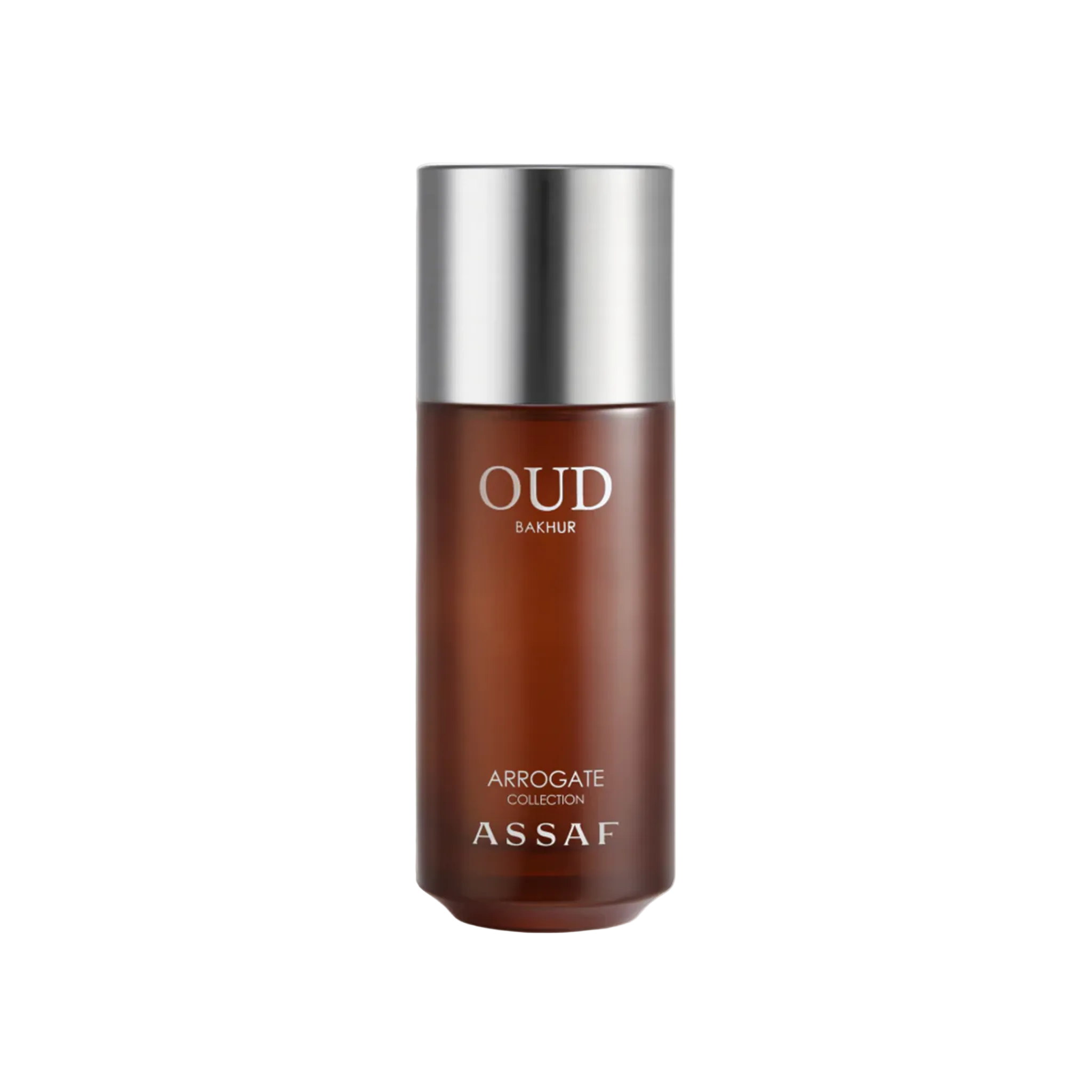 Amber glass perfume bottle labeled Oud Bakhur with silver cap on a clean white background.