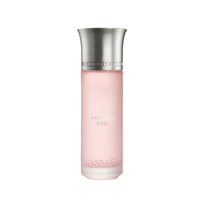 Assaf Arrogate Pink perfume bottle with a tall frosted blush-pink glass body, flared brushed silver cap.