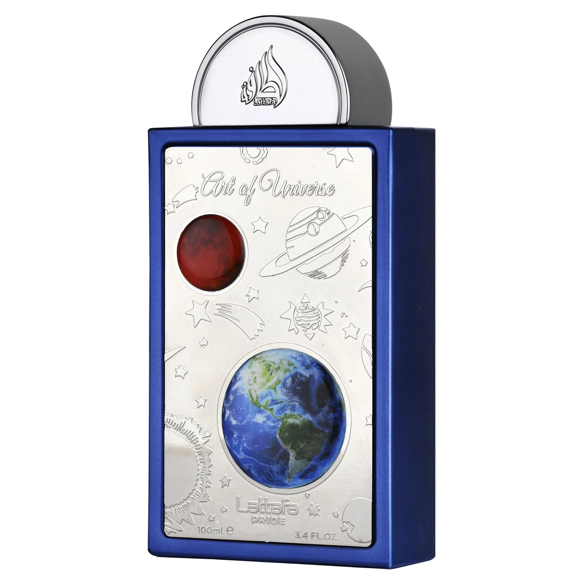 Lattafa Pride Art of Universe 100ml perfume bottle, featuring a blue case and a silver cosmic panel showing Earth and a red planet.